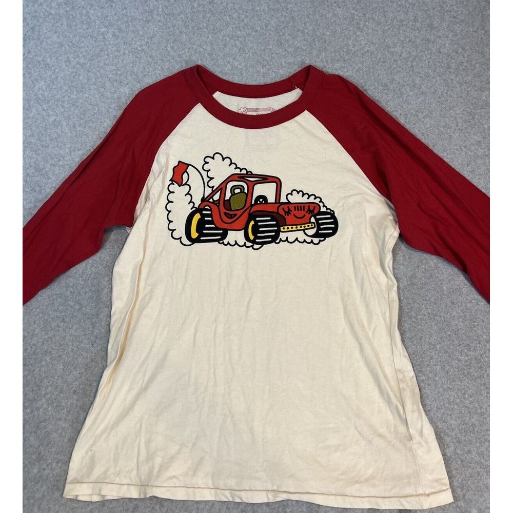 Big Bud Press Cream and Red Raglan Long Sleeve Tee with Car Graphic